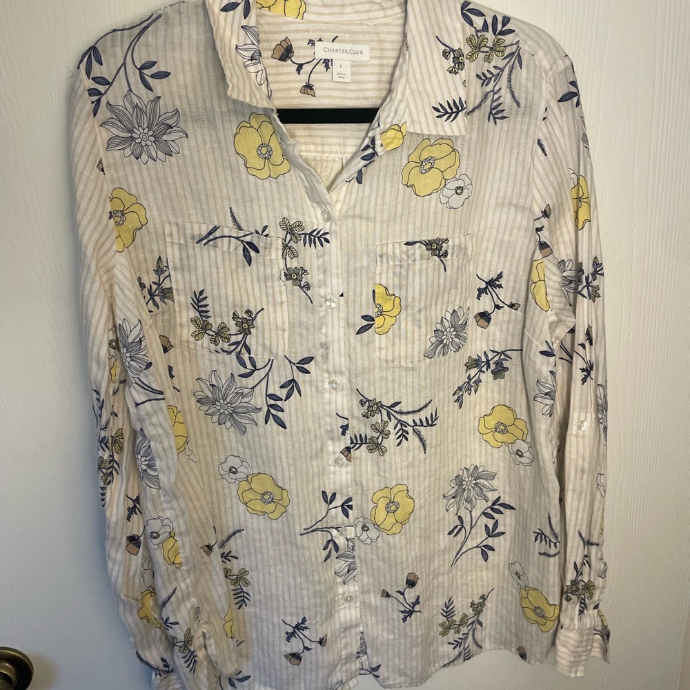 Charter Club White and Yellow Casual Button Down Linen Shirt